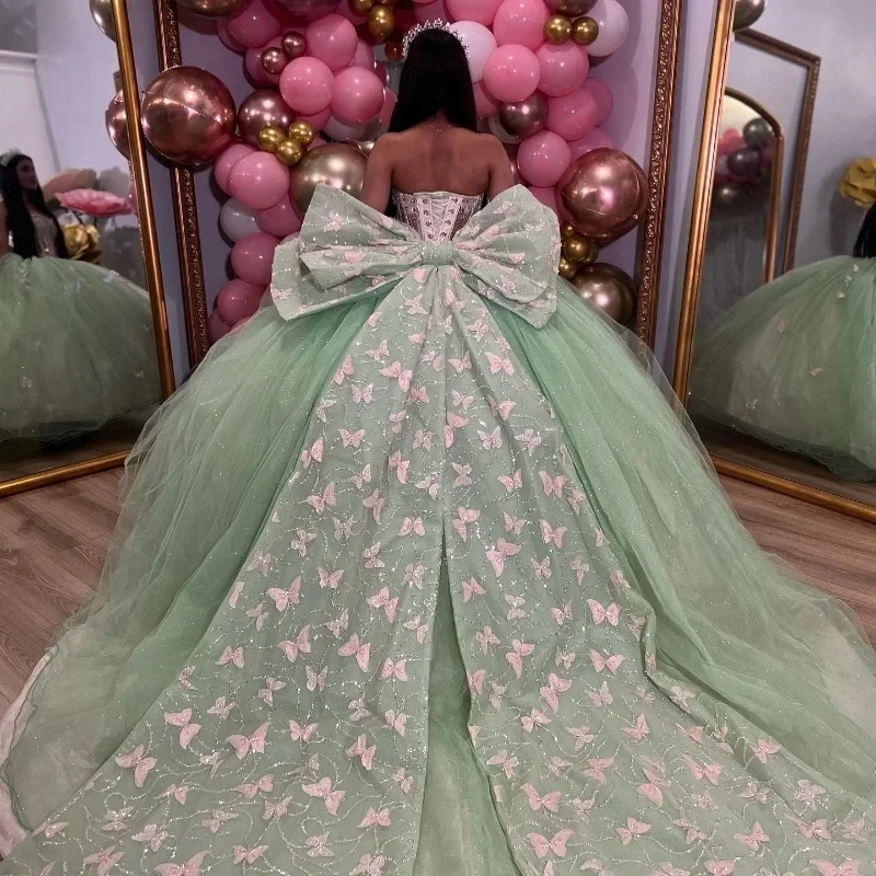 ANGELSBRIDEP błyszcząca szałwia zielony motyl Quinceanera suknie z kokardami ukochana Vestidos De 15 Anos urodziny na imprezę bal księżniczki