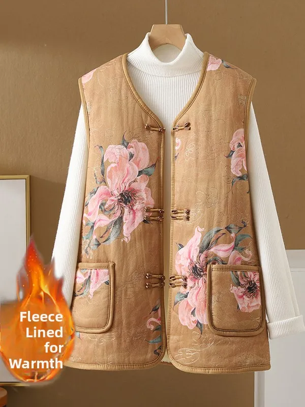 Colete feminino forrado com fce, quente, botão, artístico, retrô, estampa floral, v-ne, roupa externa interna