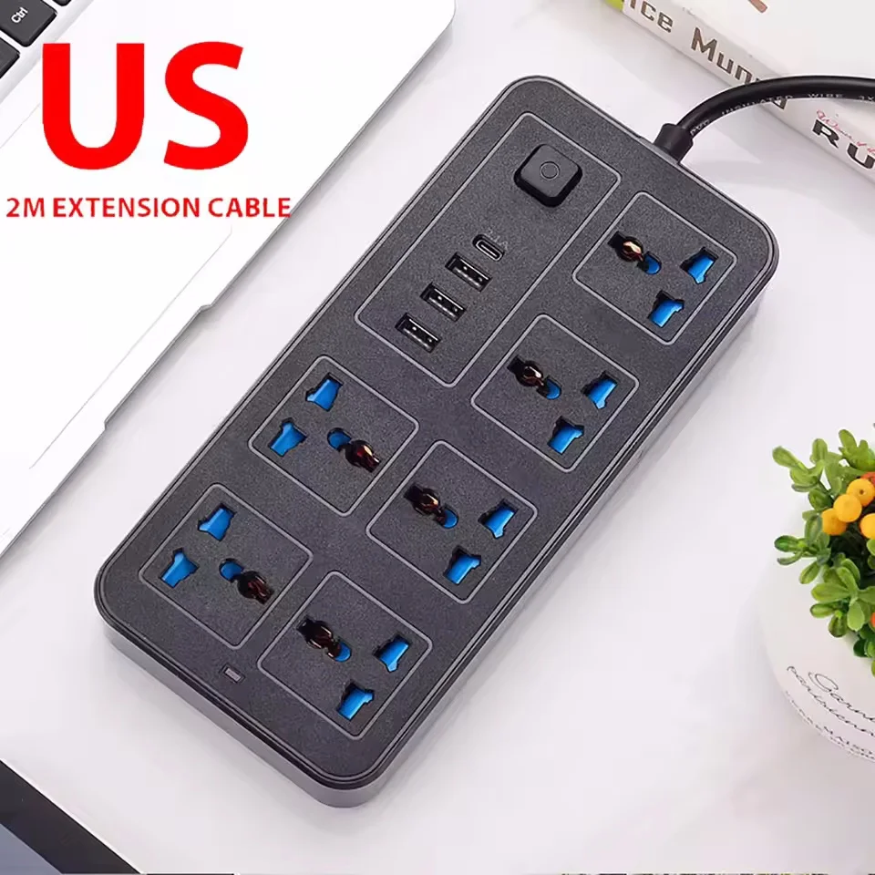 Universele stekkerdoos met Type-C USB-poort, 2m verlengsnoer, AC-stroomaansluiting, oplaadpoort, EU/VS/VK stekker