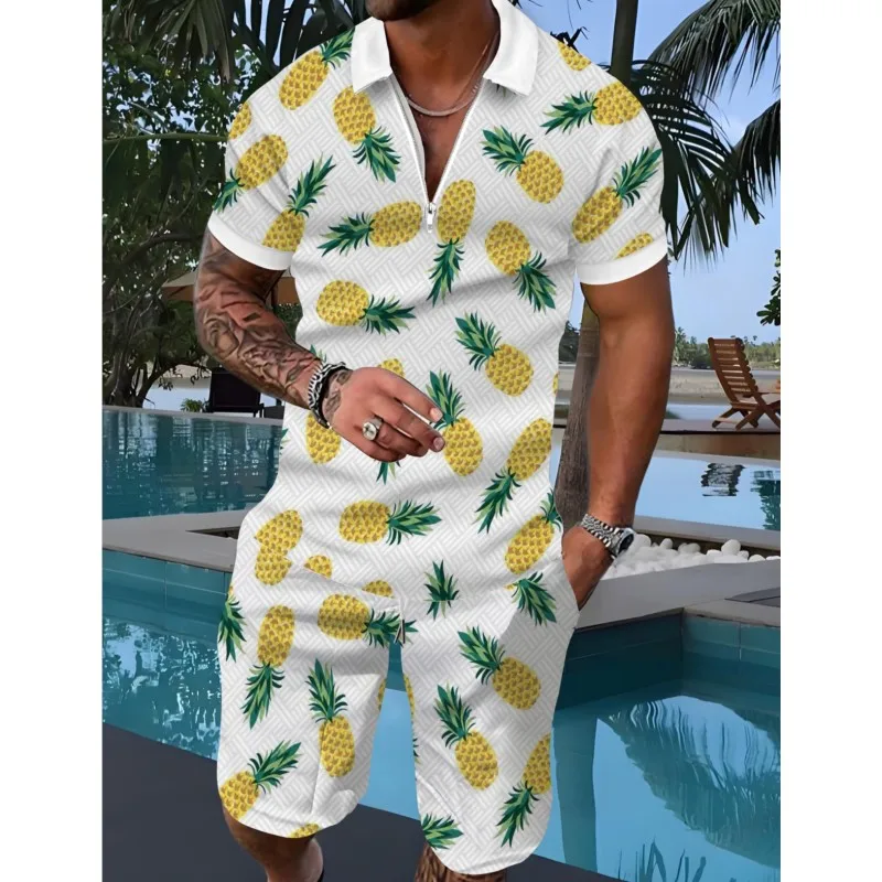 

Men'S Casual Sportswear Set Geometric Gradient Print Half-Zip Polo Beach Shorts Combo Machine Washable Shorts Men Casual Shirts