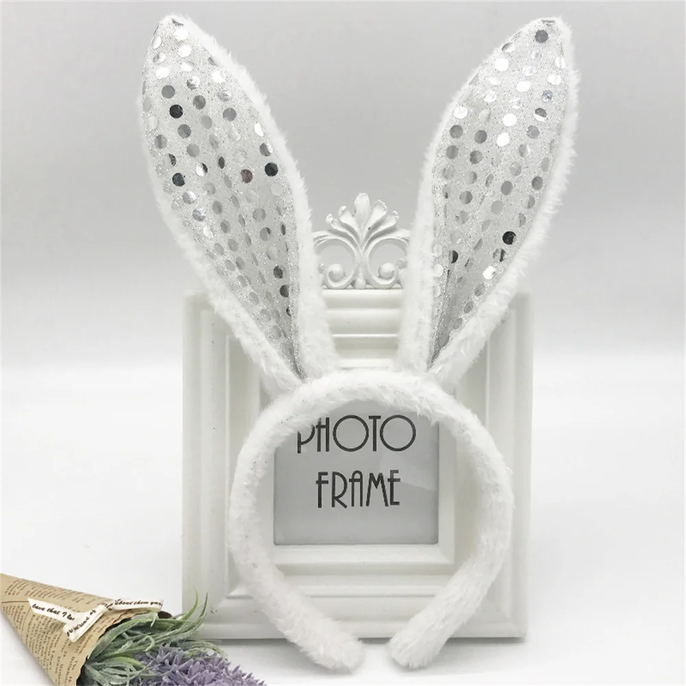 Serre-tête lapin en peluche avec des oreilles en sequins, accessoire de déguisement de fête cosplay, accessoire pour cheveux de Pâques, décoration de festival 2024.