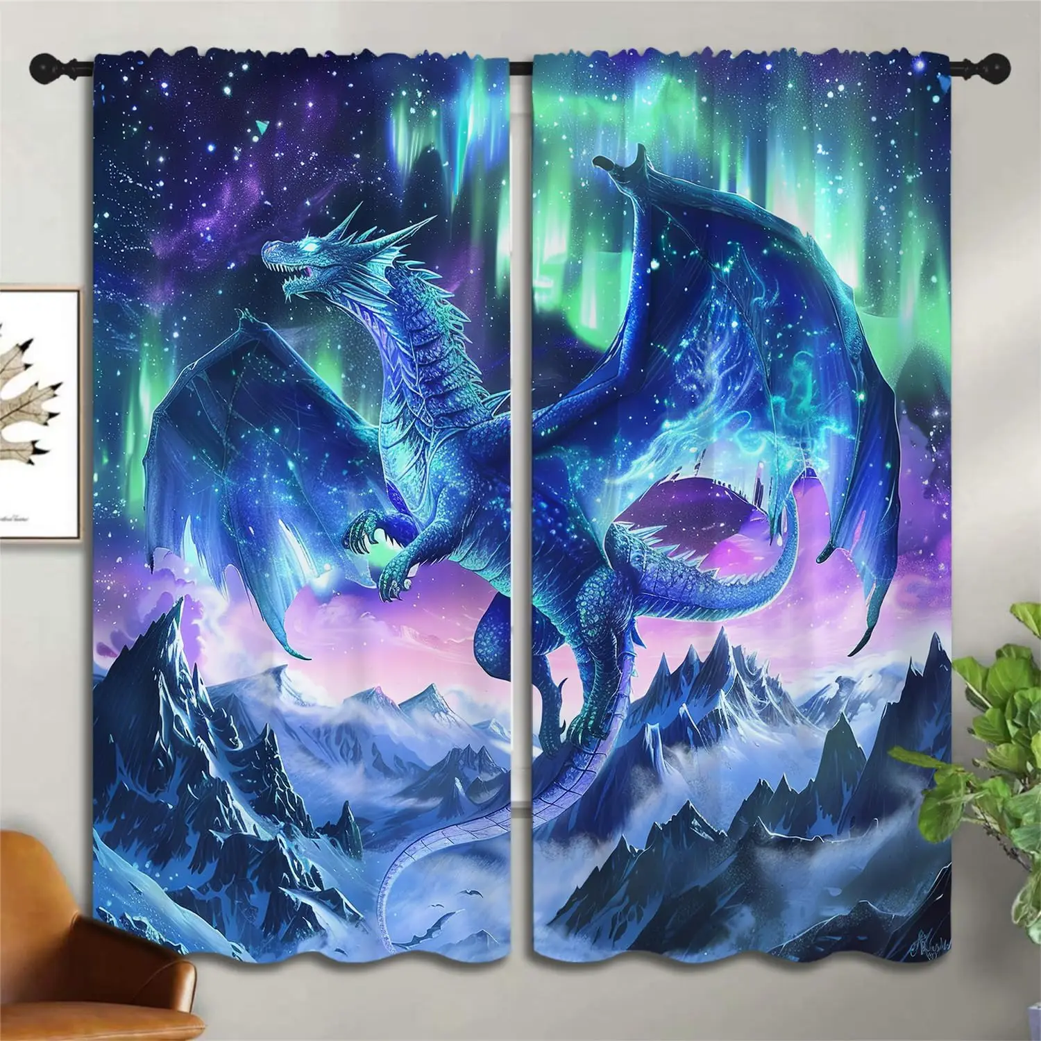 

Шторы Dragon Boy Girls Blackout, с рисунком северного сияния, галактики и фантастических животных, 2 панели, с карманом для карниза, термоизолированные, для
