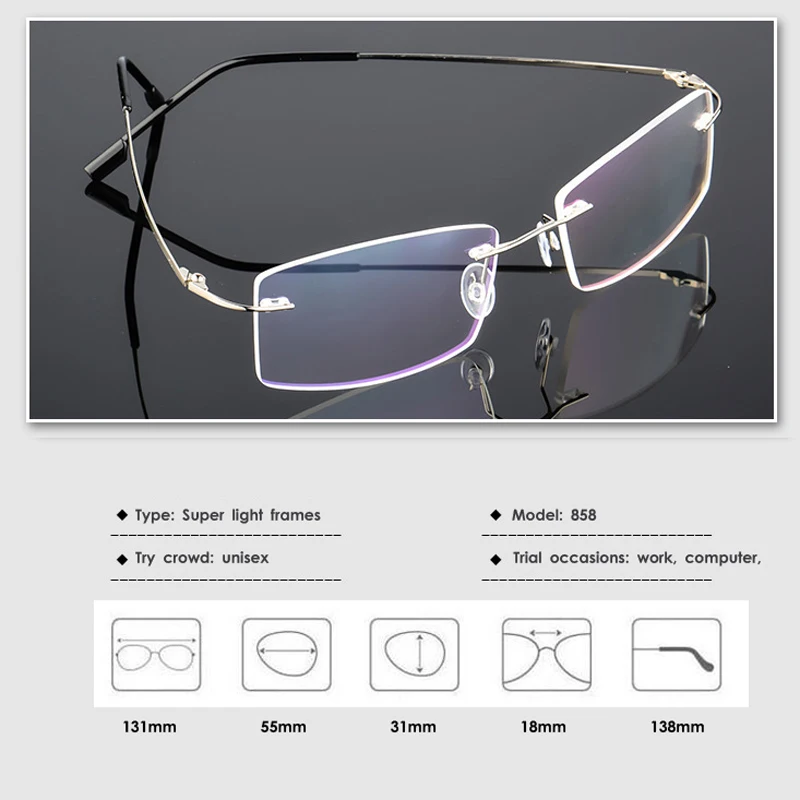 VCKA Frameless Square Men Business Myopia Hyperopia Glasses Super Light  Anti Blue Photochromic Prescription Optics Eyewear