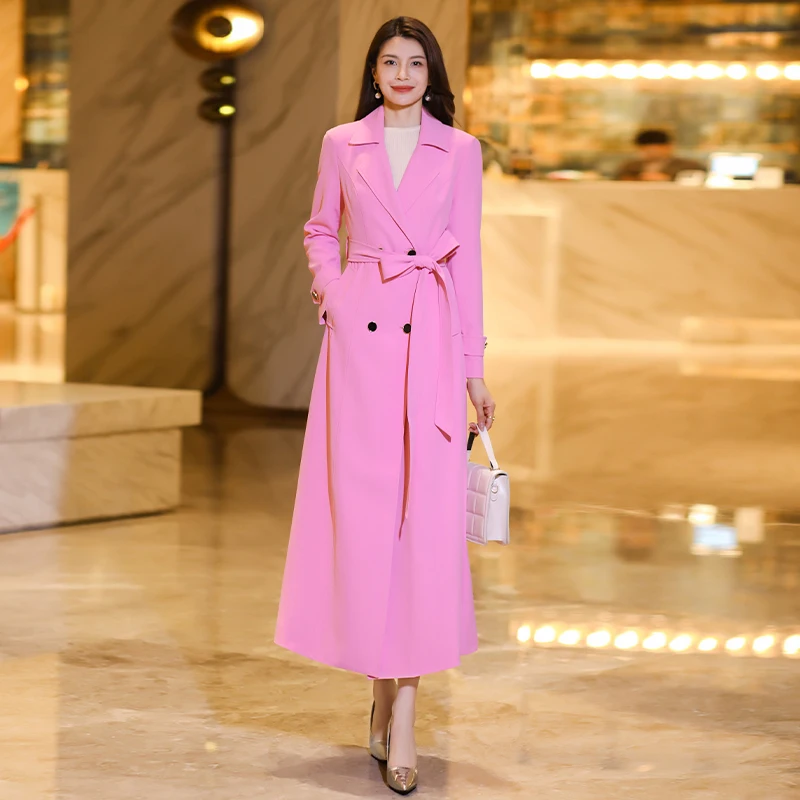 

Pink Fashion Windbreaker Jacket with Double-Breasted Design Slim Fit Long Style for Spring Autumn Casual Wear Suit Collar