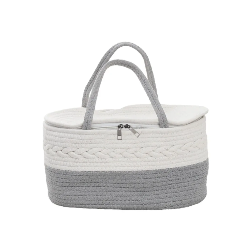 Cotton Thread Rope Mummy Handbag Divided Into Compartments Large Capacity Diaper Storage Basket Tote Bag for Diaper/Toy Storage