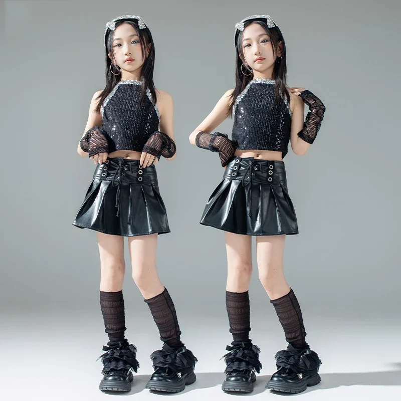 

2025 New Girls Jazz Dance Costume Kids Hip Hop Dance Clothes Children'S Street Dance Clothing Sequins Top Leather Skirt