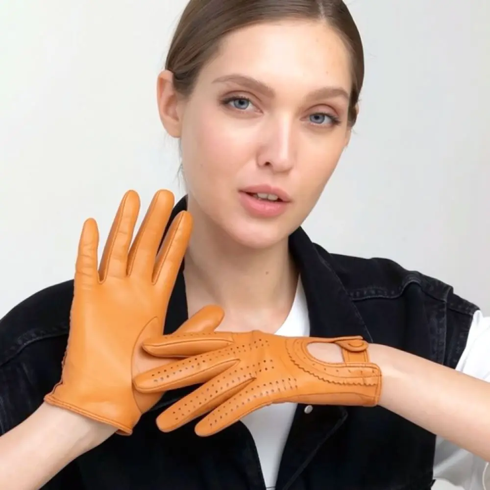 Stylish Womens Leather Gloves Thin Lambskin Perforated Breathable Design Driving Cycling Spring Fashion Essential