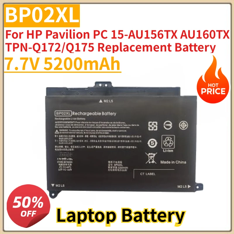 High Quality New BP02XL Laptop Battery 7.7V 5200mAh For HP Pavilion PC 15-AU156TX AU160TX TPN-Q172/Q175 Replacement Battery