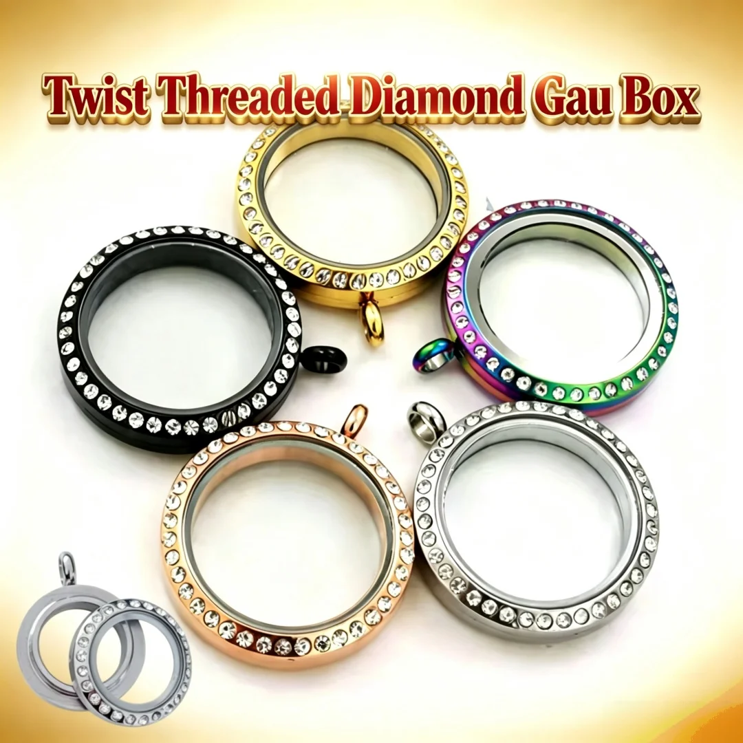 Drilled stainless steel floating locket, threaded twist round glass box, hollow pendant, 20/25/30/38mm，
