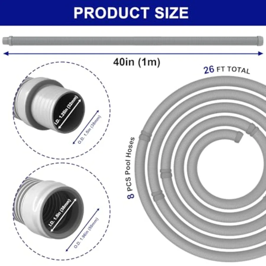 Professional Swimming Pool Vacuum Cleaner Hose -1.5" 8 Pcs Hoses for Pool Vacuum Extension/Replacement - Compatible with all Ma view 4