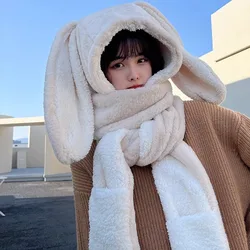 Hat Scarf Gloves all-in-one three-piece Winter Sweet Cute Rabbit Ears Plush Scarf Hat Outdoor Warm Cap