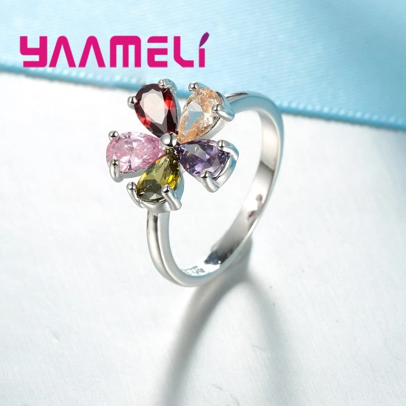 Beautiful Flower Shape Colorful Crystal 925 Sterling Silver Color Women Wedding Engagement Rings Fashion Party Finger Jewelry