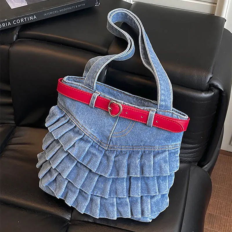 Ladies' Handbag 2026 Design Inspired Denim Cake Pleated Skirt Personalized Shoulder Bag Hand Bags
