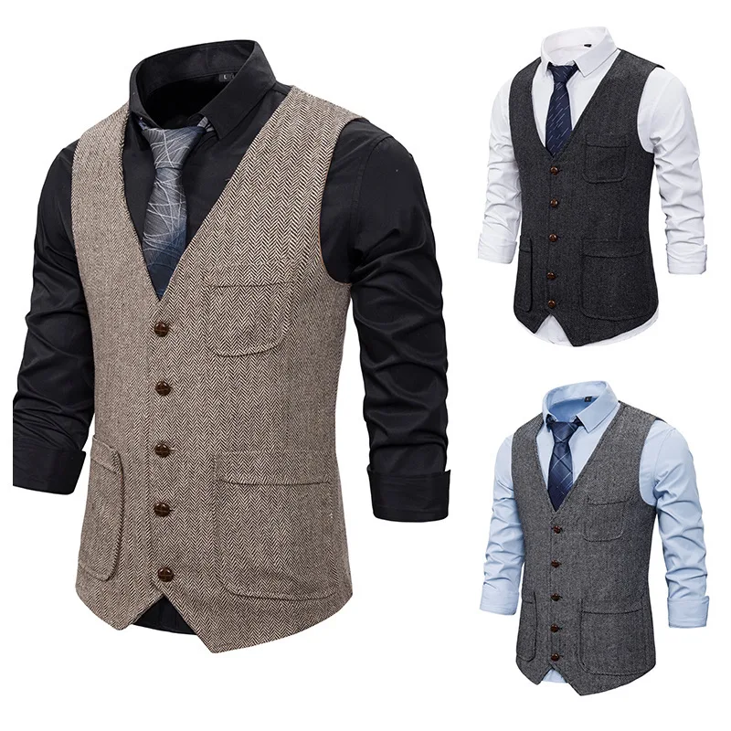 Autumn and Winter Men's V-neck Herringbone Cloth with Multiple Pockets, Suit Vest, Business Stable Vest, and Camisole Trend