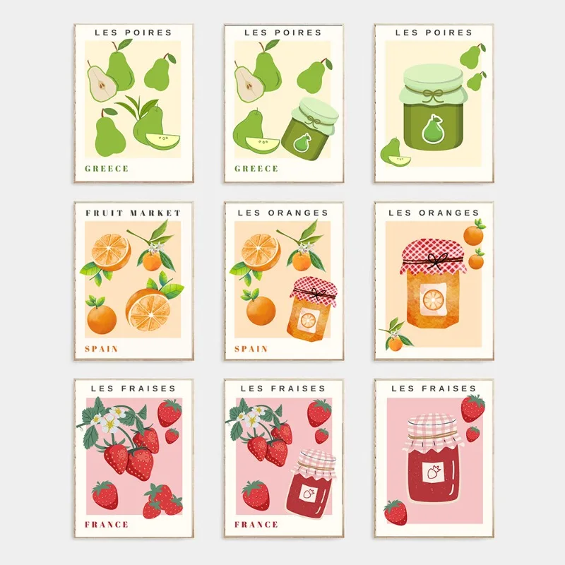 Póster de mercado de frutas y verduras, impresiones de mermelada de fresa, limón, tomate, melocotón, pintura en lienzo, imagen artística de pared, decoración del hogar para cocina y habitación