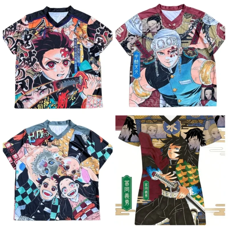 Amerikanischer Sportstil Demon Slayer 3D Allover-Print V-Ausschnitt Kurzarm Atmungsaktives Schnelltrocknendes Trikot für Erwachsene und Kinder