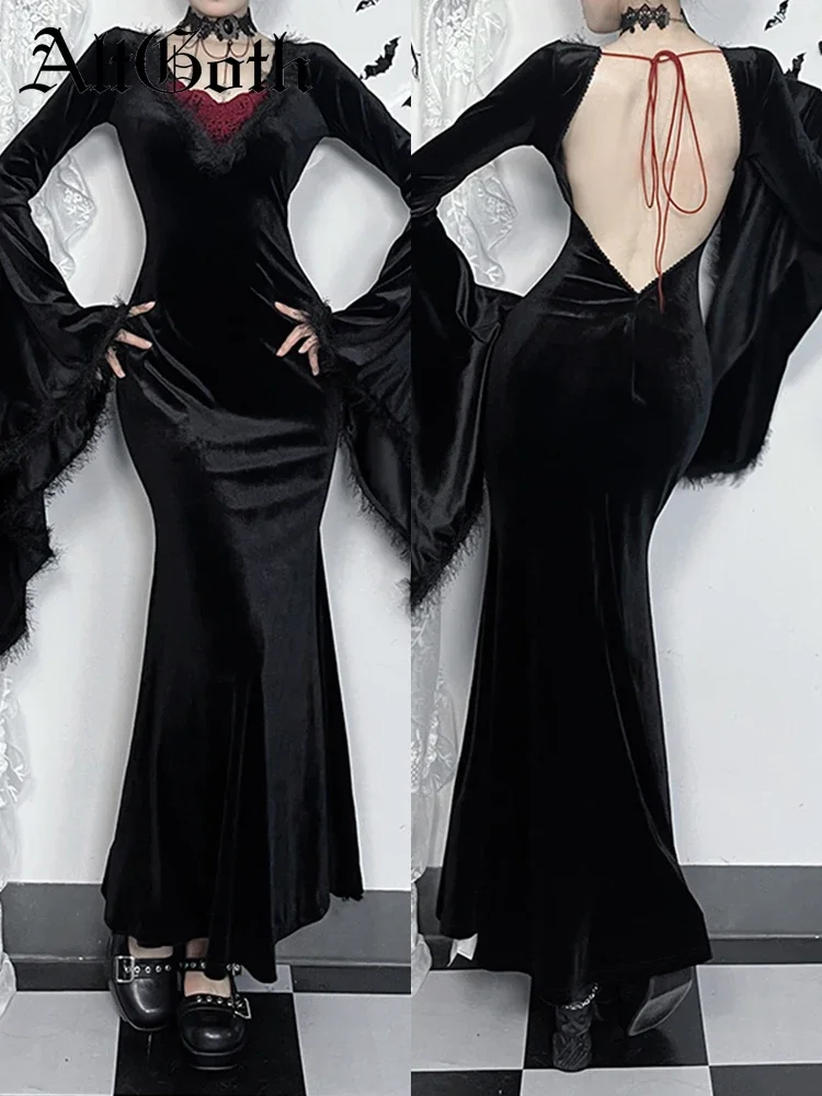 AltGoth Dark Elegante Gothic Samt Kleid Frauen Vintage Ästhetischen Sexy Backless V-ausschnitt Feder