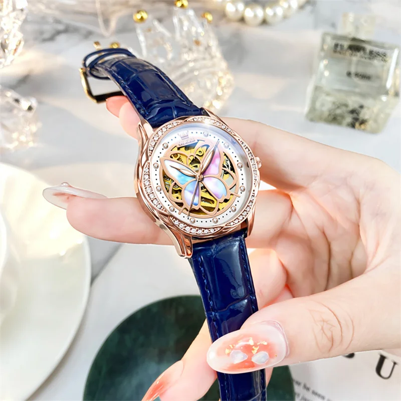 OLEVS Women Watches Fashion Colorful Butterfly Dial Automatic Mechanical Watch Top Brand Luxury Ladies Wristwatch Reloj Mujer