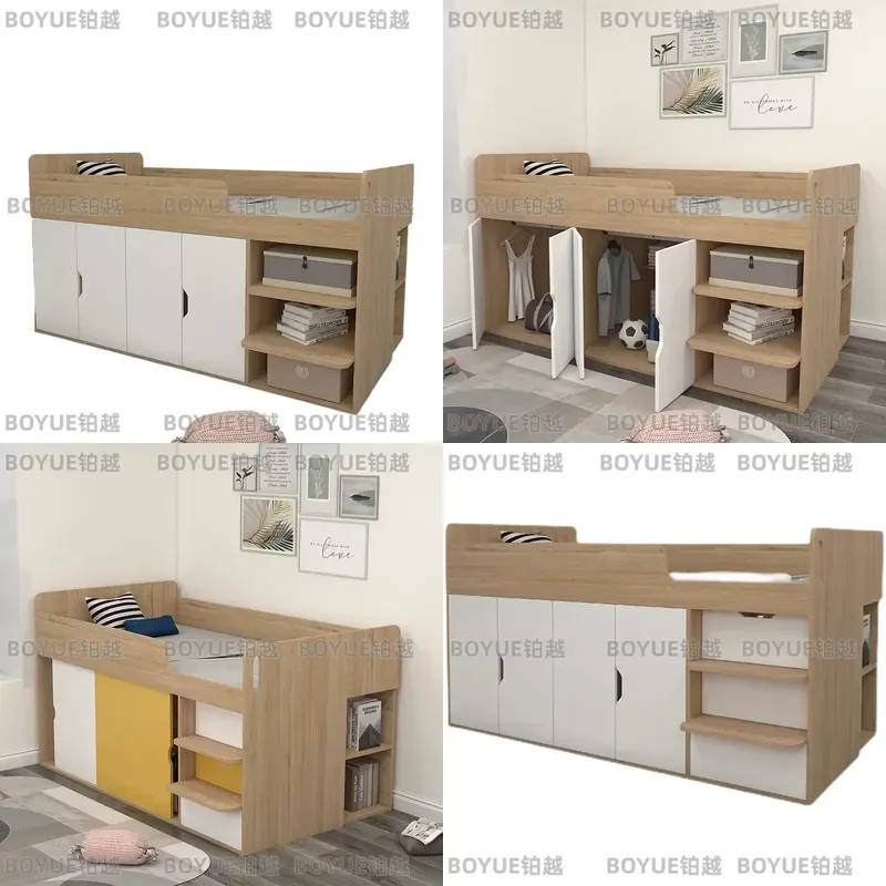 Compact Half Height Kids Bed with Large Storage Drawer Solid Wood Single Loft Bed Integrated Wardrobe Space Saving Furniture