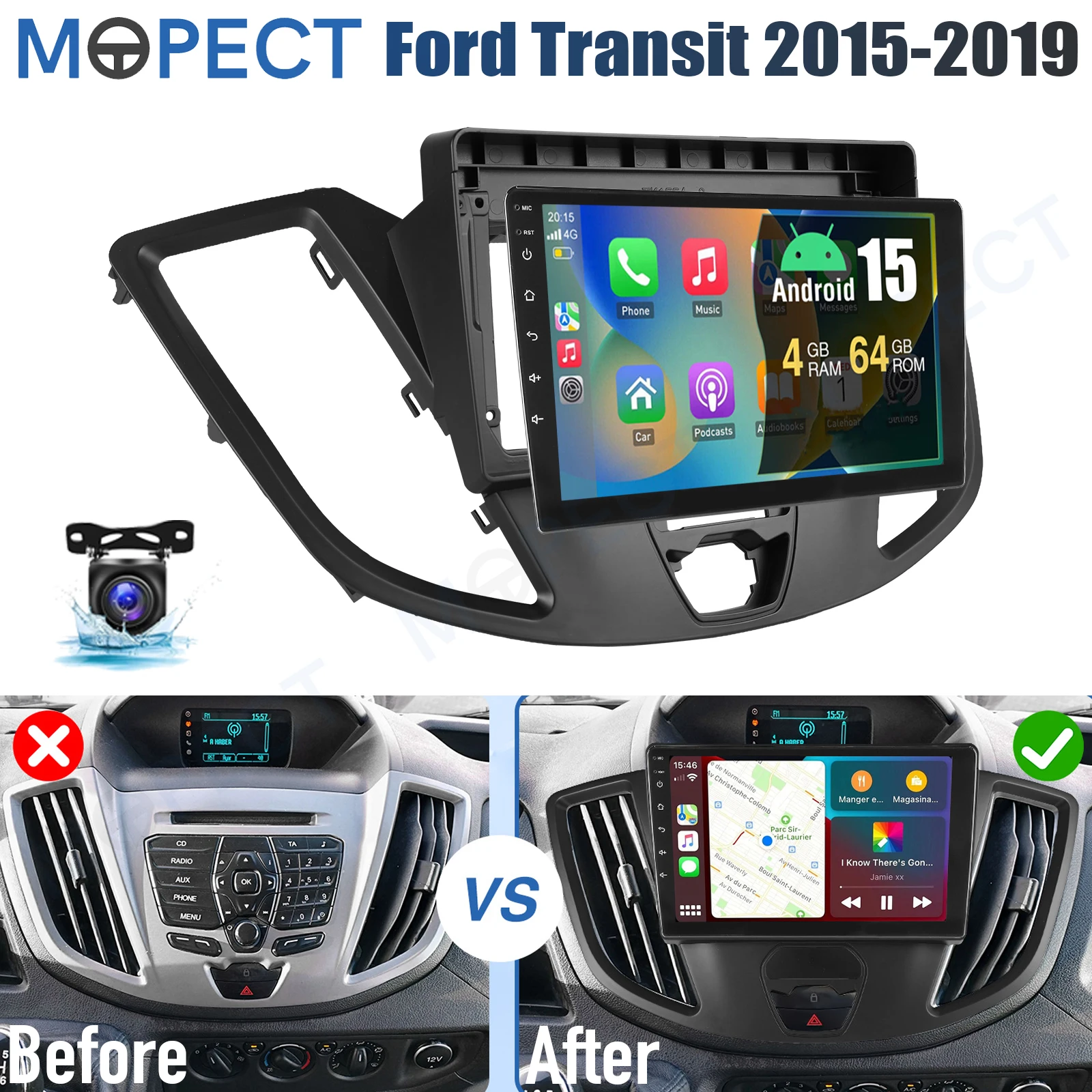 MOPECT Voor Ford Transit 150 250 350 2015-2019 9" Android 15 CarPlay Autostereo Radio WiFi GPS FM/AM Touchscreen+DAB&DVR&Camera