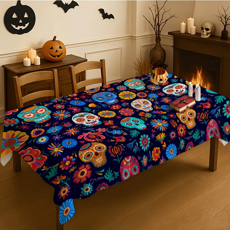 One colorful skull flower tablecloth, rectangular tablecloth, tablecloth decoration, Mexican festivalzyc