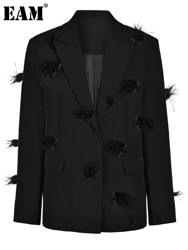 

[EAM] Women Black Nailed Feather Elegant Blazer New Lapel Long Sleeve Loose Fit Jacket Fashion Tide Spring Autumn 2024 CP1821