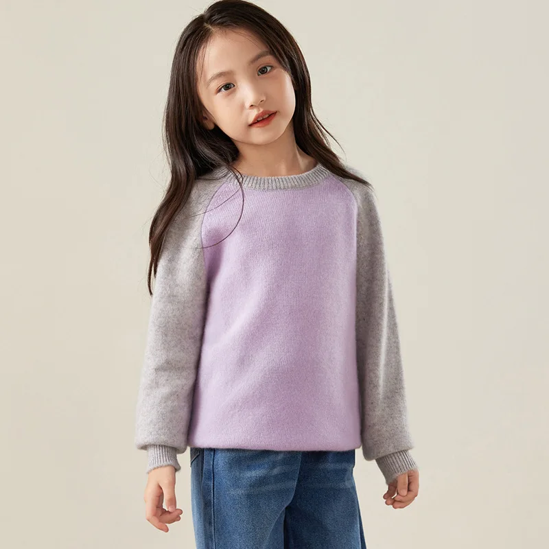 24 Autumn and Winter New Dropshipping Wool Pullover Contrast Color round Neck Younger Boys' and Girls' Soft G