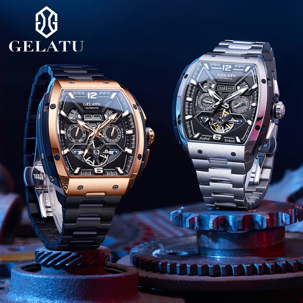 GELATU 6013 Men Watch Luxury Original Hollow out Men's Automatic Mechanical Watch Skeleton Waterproof Watch Men Sports Watch