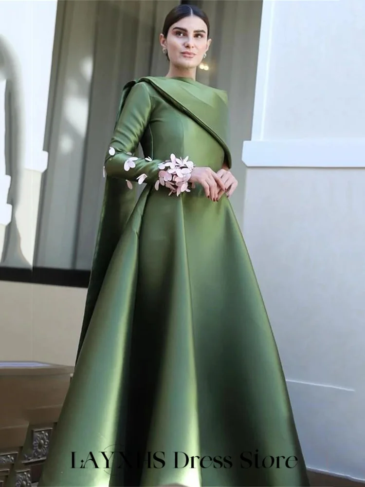 LAYXHS Sukienki Wieczorowe w Temperamentnym Zielonym Kolorze, Jedno Ramię, Długie Rękawy, Aplikacje, Linia A, Plisy, Formalne Sukienki na Bal Maturalny, Szyte na Miarę