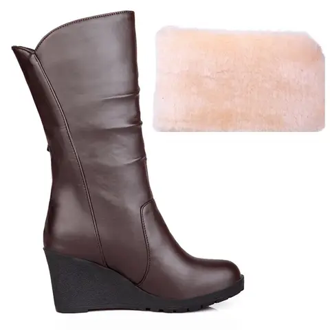 Casual Wedge Heels Snow Boots Women Comfortable Fur Plush Mid-calf Boot Fashion Black Brown White Winter Shoes Large Size 34 48
