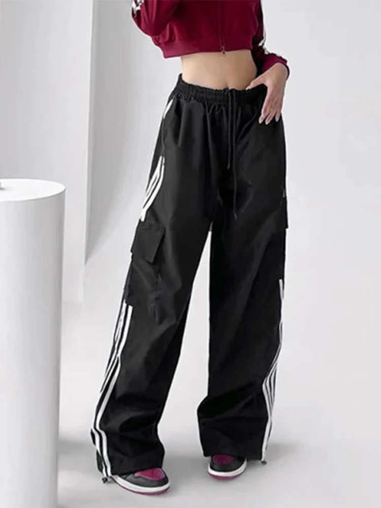 스트라이프 스웻팬츠 여성용 힙합 스트리트웨어, 헐렁한 와이드 레그 카고 바지, Bf Y2K 하이 웨이스트 드로스트링 조거 바지