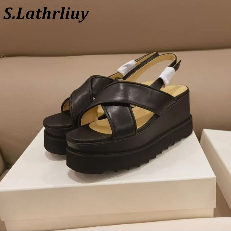 Thick Bottom Wedge Leather Sandals Women's Metal Buckle Decorative Roman Sandals Summer Multi functional Casual Single Shoes