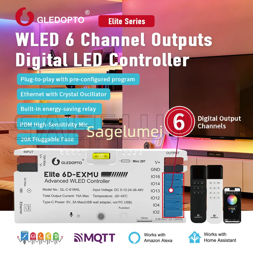 Elite 6-Channel WLED Controller GLEDOPTO Ethernet Mic Relay Support Home Assistant Music Sync 15A DC5-48V LED Strip Controller