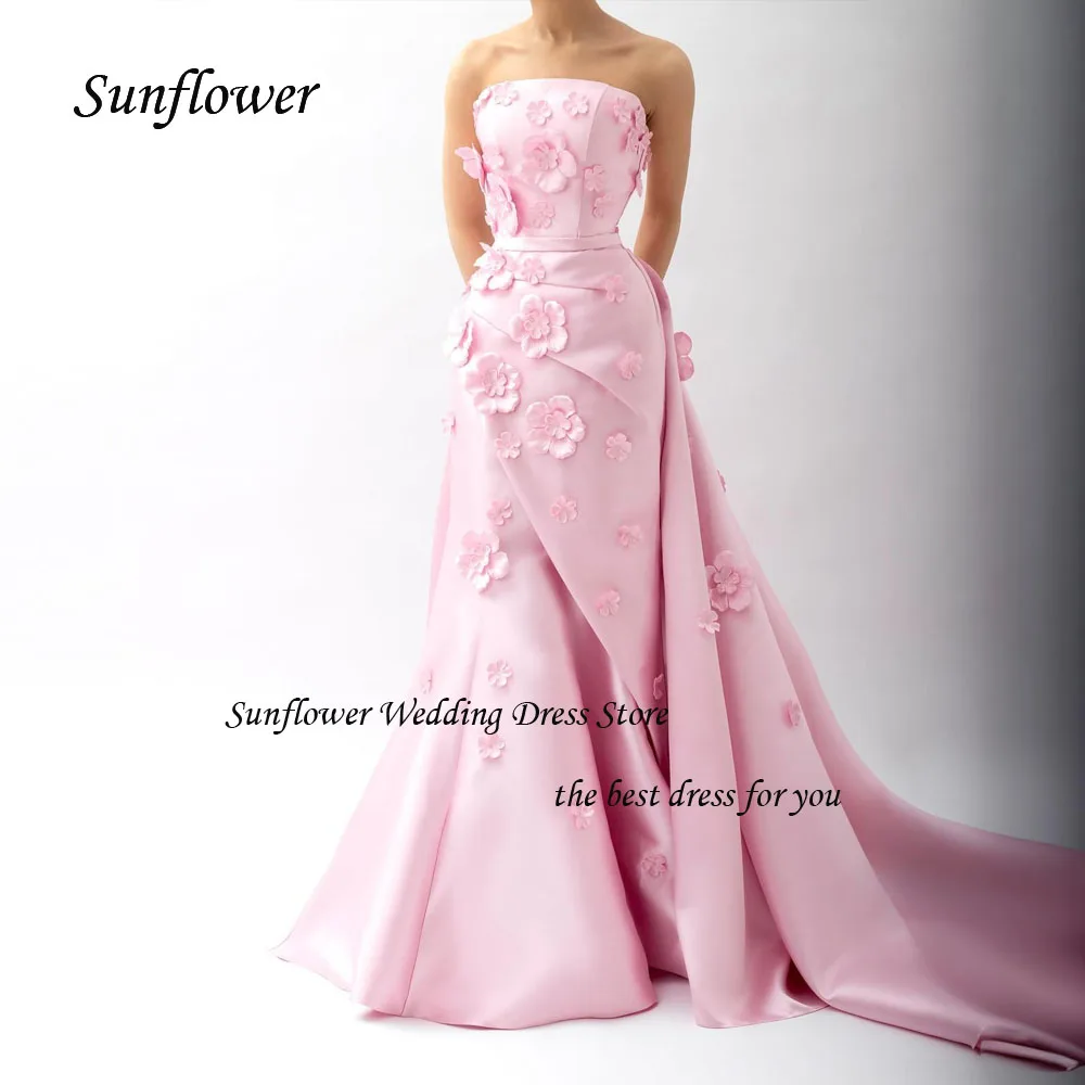 Sunflower Pink Strapless Satin Appliques Mermaid Prom dress 2024 Slim Backless Floor-Length Sweep Train Formal Evening Dress