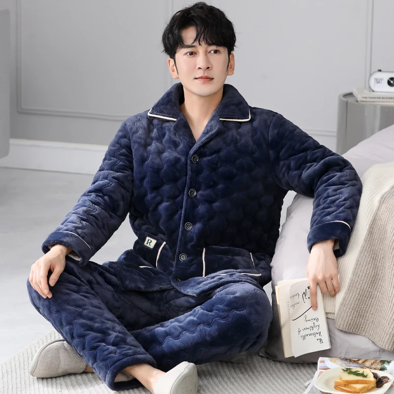 

Winter Men Pajamas Set Thick Warm Mens Pajamas Set 3 Layer Clip Cotton Pyjamas Male Turn-down Collar Homewear