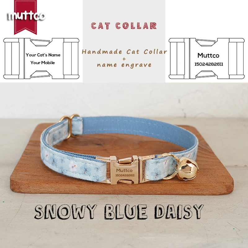 MUTTCO Retail Engraved Beautiful Flower Pattern Design Handmade SNOWY BLUE DAISY  collar Unique Design Cat collar 2 size UCC181