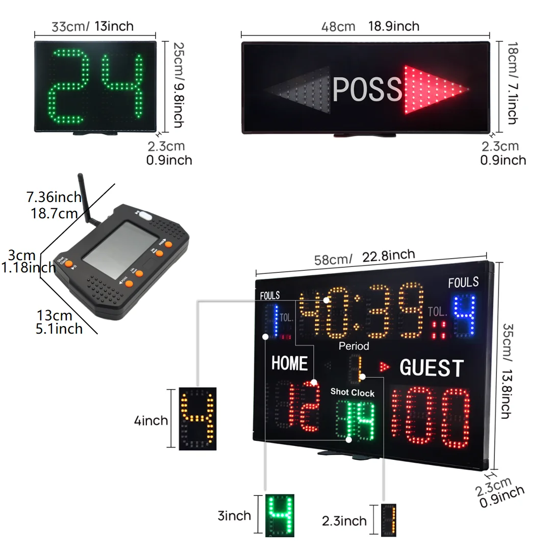 18650 Built-in Battery Or Type-C Powered Scoreboard Digital LED Basketball Scoreboard With 24s Shot Clock