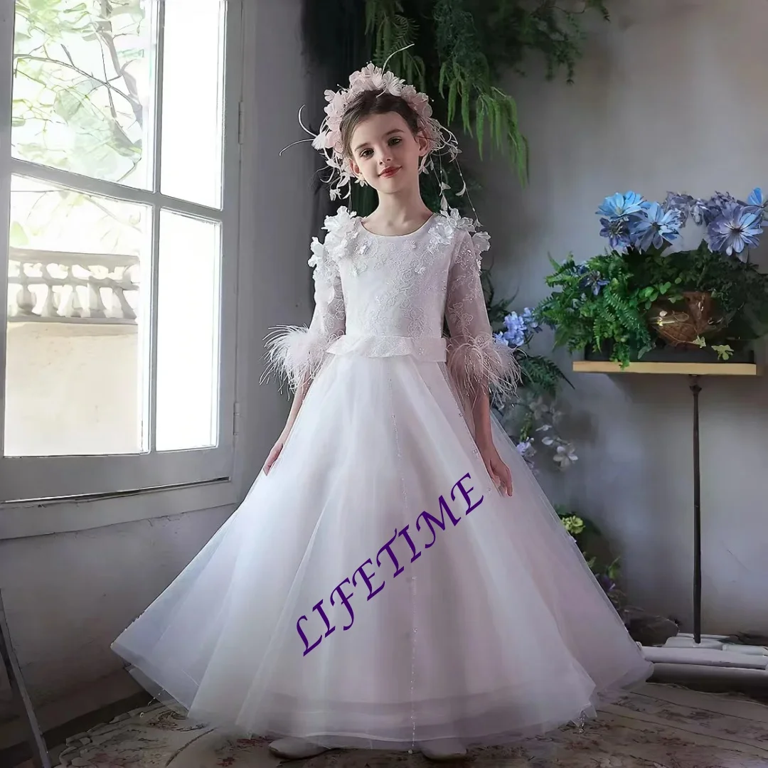 فستان بناتي أبيض مخصص مع نصف كم تصميم زهور ثلاثي الأبعاد على طراز الأميرة لحفلات الزفاف وأعياد الميلاد للأطفال
