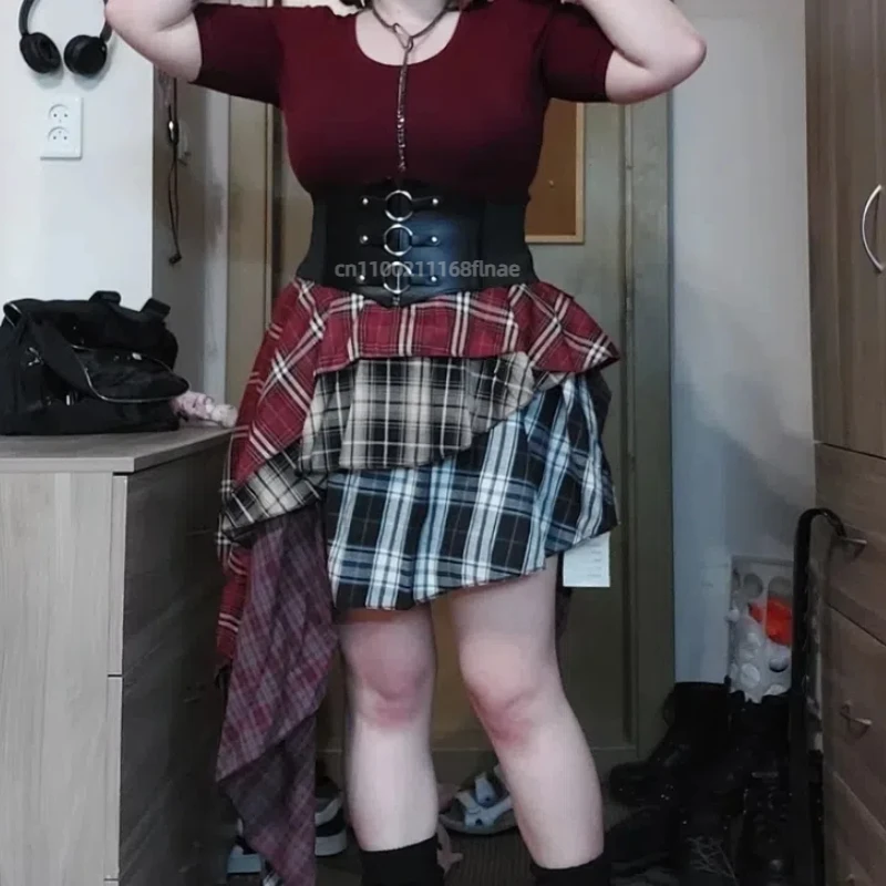 Roupa de dança de rua feminina, saia plissada xadrez retrô de nicho, saia irregular emagrecedora de verão, saia curta, estilo hip-hop casual