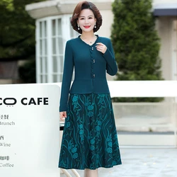 Women's Dress Plus Size Autumn Middle-Aged Mother Long sleeve V-neck selvedge Pleated Elegant office Ladies Vestido