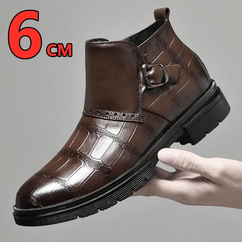 

New Winter Top Quality Luxury Elevator Men Ankle Boots Genuine Leather Height Increase Chelsea Boots Warm Comfortable Snow Boots