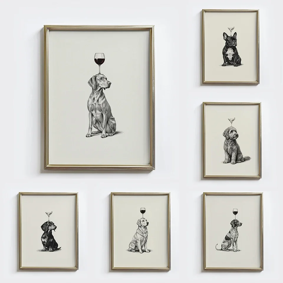 (No frame)Vintage Golden Retriever Wine Glass Goldendoodle Martini Dog Pet Sketch Poster Canvas Painting Wall Art Pictures Ho