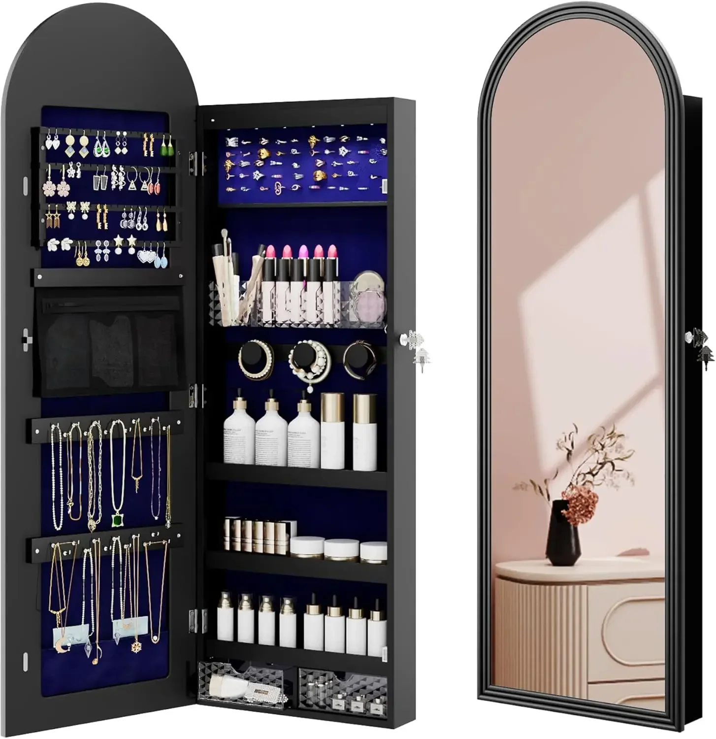 

Jewelry Cabinet Organizer with Mirror, 47 inch Lockable Full-Length Mirror Jewelry Armoire Hanging Door/Wall Mounted with 6 LEDS