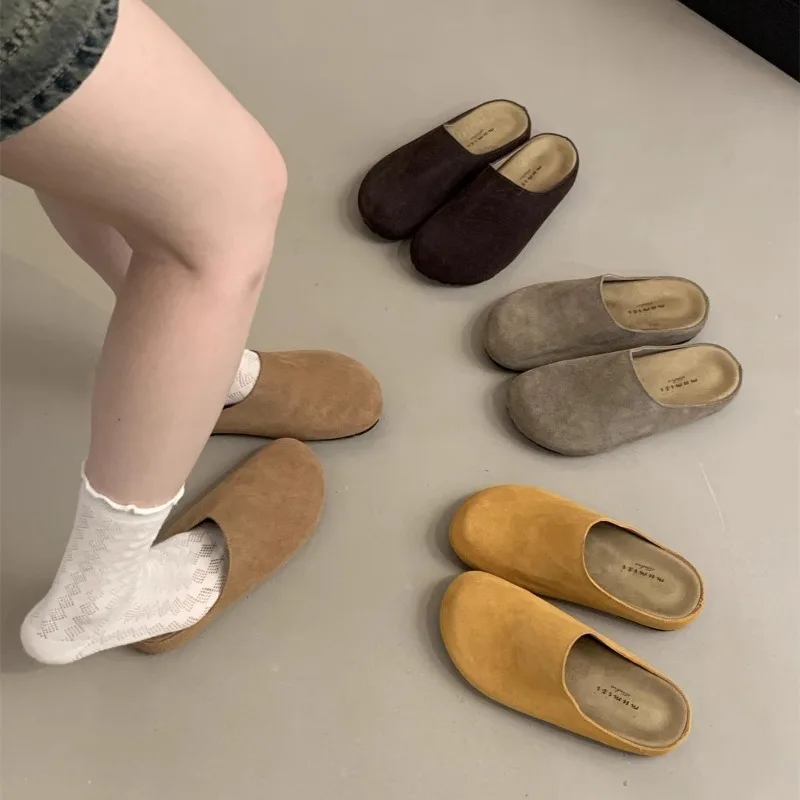 2025New Women Slippers Closed Toe Round Toe Suede Clogs Sandals Autumn New Retro Solid Color Flat Bottom Women's Slingback Shoes
