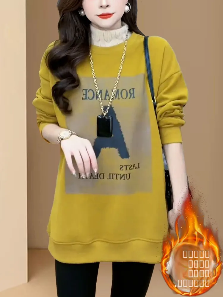 

Женская утепленная толстовка с принтом, длинными рукавами и круглым вырезом, в корейском стиле, свободного кроя, верхняя одежда, новинка зимы