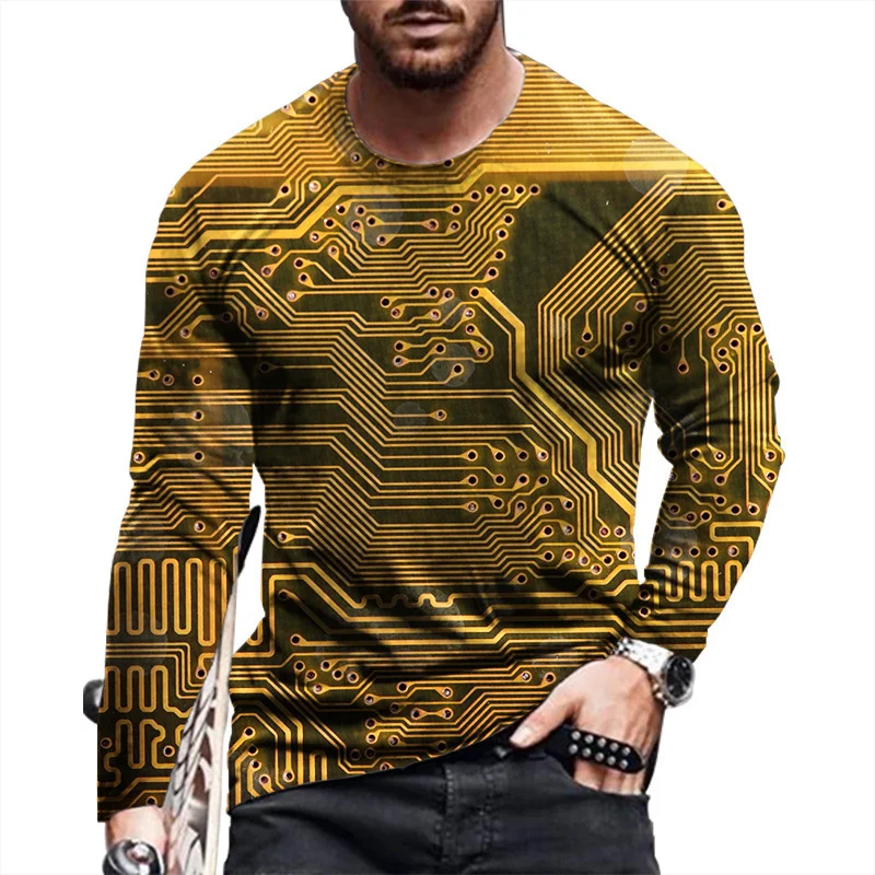Harajuku Fashion Circuit Board Graphic T Shirt Unisex 3D Electronic Chip CPU Printed Long Sleeve Tee Shirts Men Clothing T-shirt
