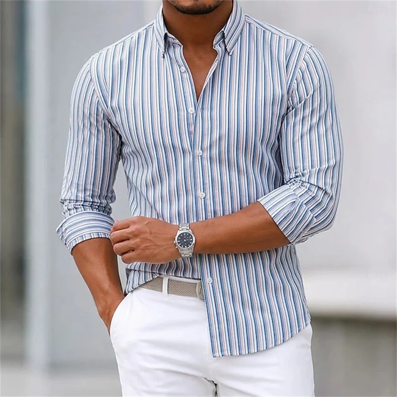 Men's Striped Long-Sleeve Shirt Autumn 2026 Business Casual Style Button-Down Collar Loose Fit Professional Men's Top
