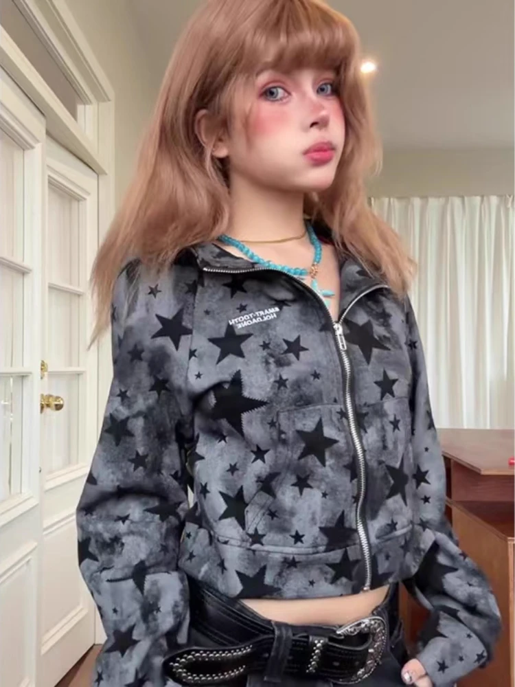 Frauen American Retro Star Print Jacke Süße Hot Girl Kurze Hoodie Herbst Winter Y2k Harajuku Street Fashion Mit Kapuze Sweatshirt