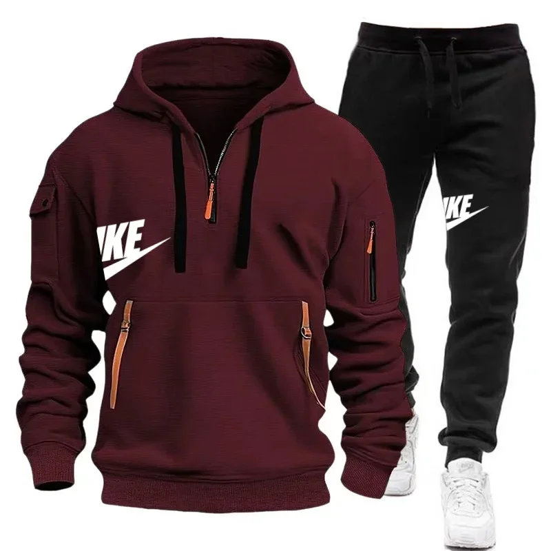 New men\'s multi-pocket zipper hoodie autumn and winter leisure jogging fitness hooded jumper + sweatpants two-piece set