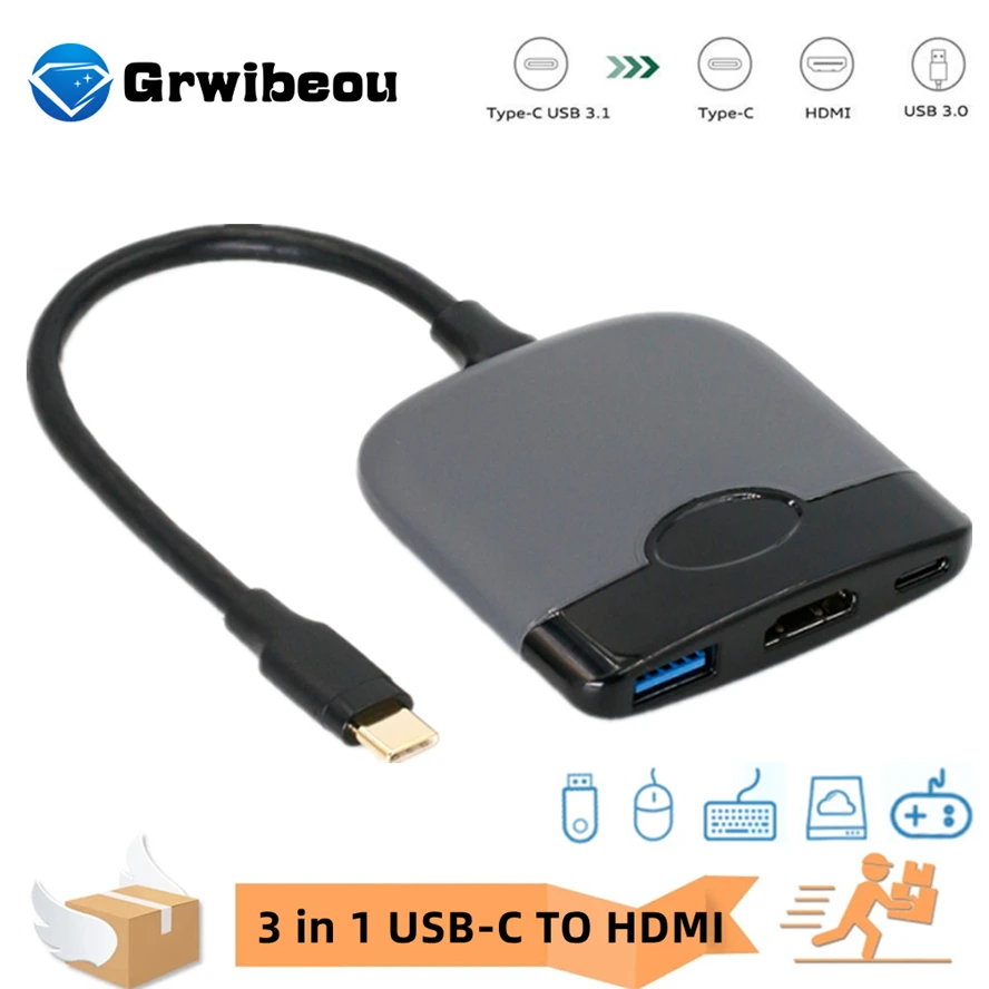 

GRWIBEOU New 3 in 1 USB-C USB HUB Male to Female USB 3.1 Type-c To USB 3.0 Charging Adapter For Macbook Air 12 Converter Huawei